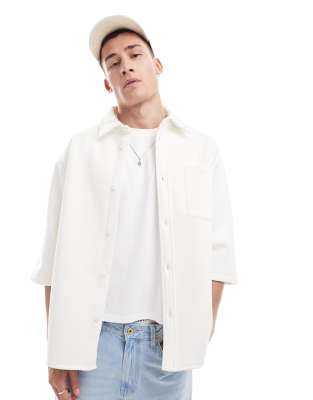 Asos Design Short Sleeve Button Up Sweatshirt In White