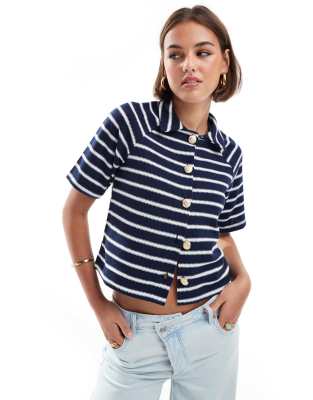 ASOS DESIGN short sleeve cardigan in navy and white stripe-Multi