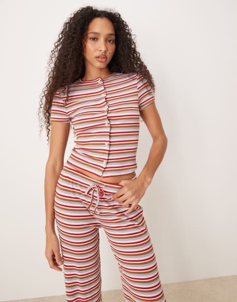 ASOS DESIGN short sleeve cardigan in pink stripe (part of a set) - view 1