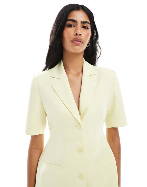 ASOS DESIGN short sleeve cinch blazer in lemon, 4 of 4