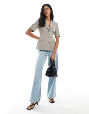 Asos Design Short Sleeve Cinch Blazer In Gray
