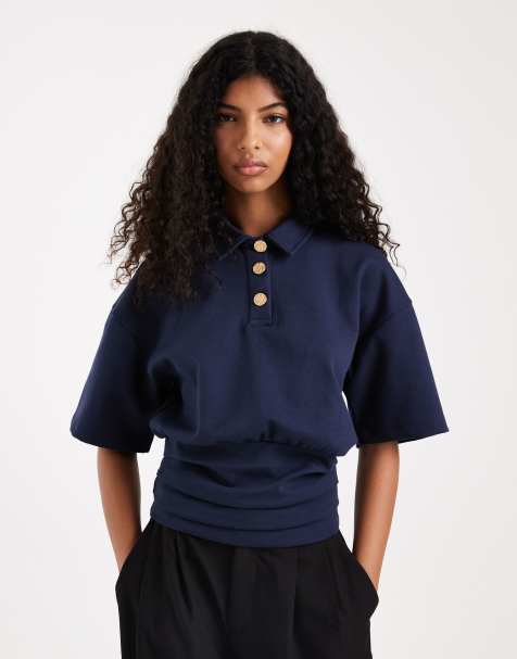 ASOS DESIGN short sleeve collared with gold buttons top in navy