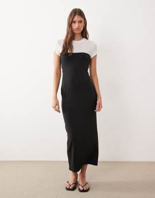 Asos Design Short Sleeve Contrast Maxi Dress In Black