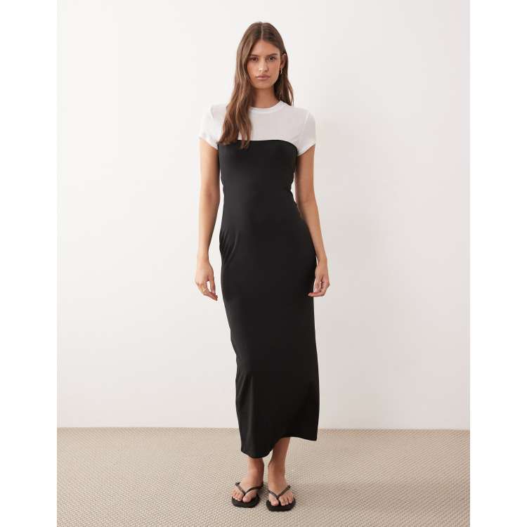 ASOS DESIGN short sleeve contrast maxi dress in black and buttermilk