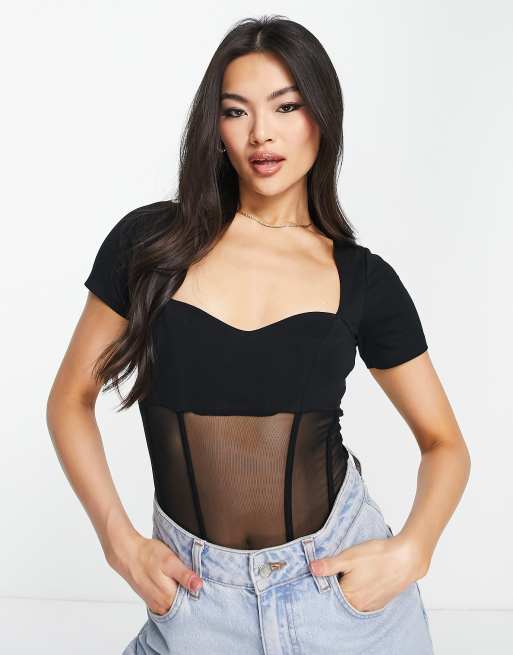 ASOS DESIGN cross over neck mesh corset bodysuit in black