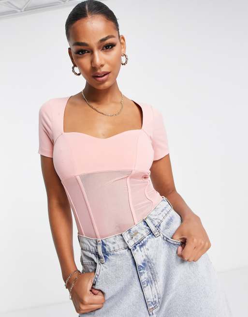 ASOS DESIGN square neck bodysuit with cap sleeve in pink