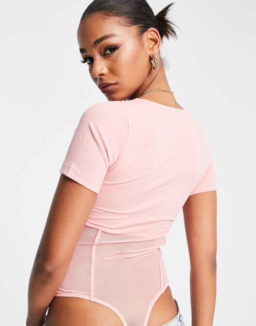 ASOS DESIGN square neck bodysuit with cap sleeve in pink