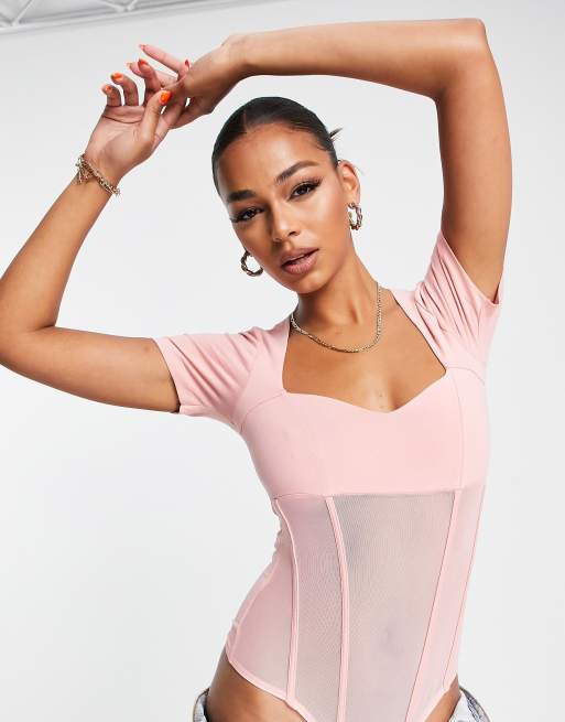 ASOS DESIGN short sleeve corset style sweetheart neck bodysuit in blush