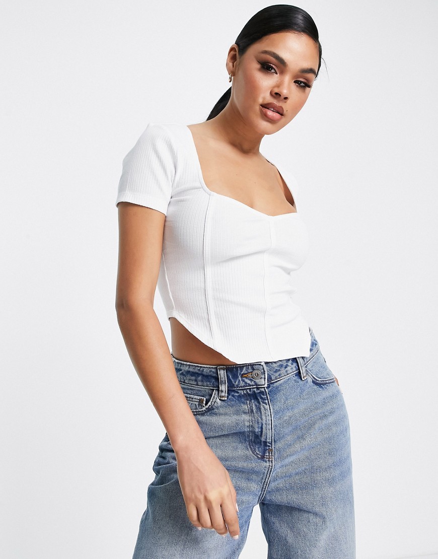 ASOS DESIGN short sleeve corset top with ultra wide neck in white