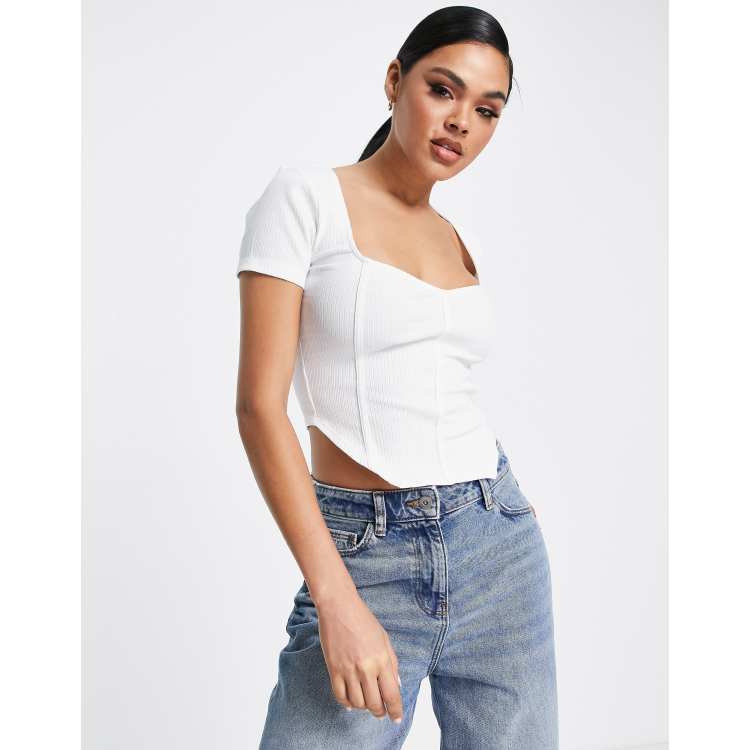 ASOS DESIGN Tall ribbed fitted corset top with ultra wide neck in ecru