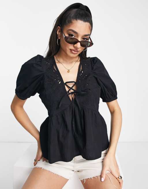 Asos Design Short Sleeve Cotton Top With Butterfly Cutwork In Black Asos