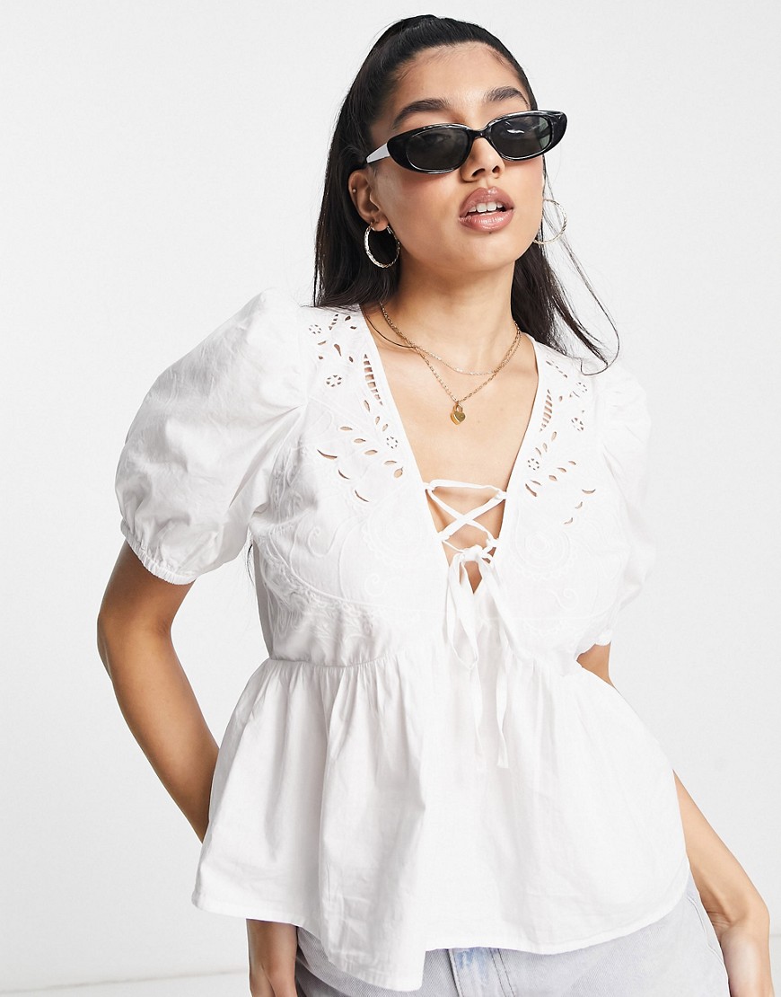 ASOS DESIGN short sleeve cotton top with butterfly cutwork in ivory-White