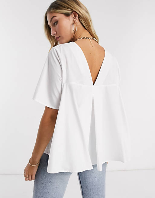 ASOS DESIGN short sleeve cotton top with pleat back detail in white