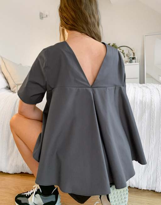 ASOS DESIGN short sleeve cotton top with pleated back detail in charcoal