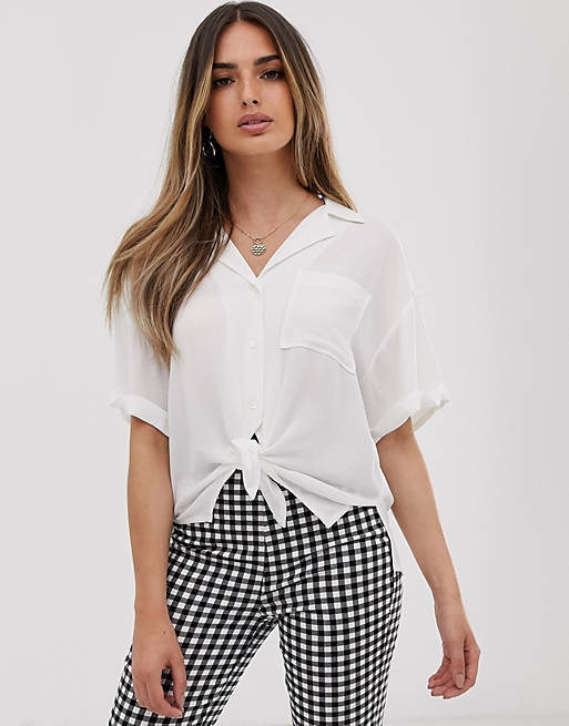ASOS DESIGN short sleeve crinkle shirt with tie front