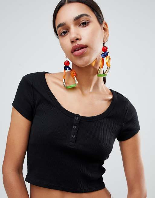 DESIGN short sleeve crop top button front black ASOS