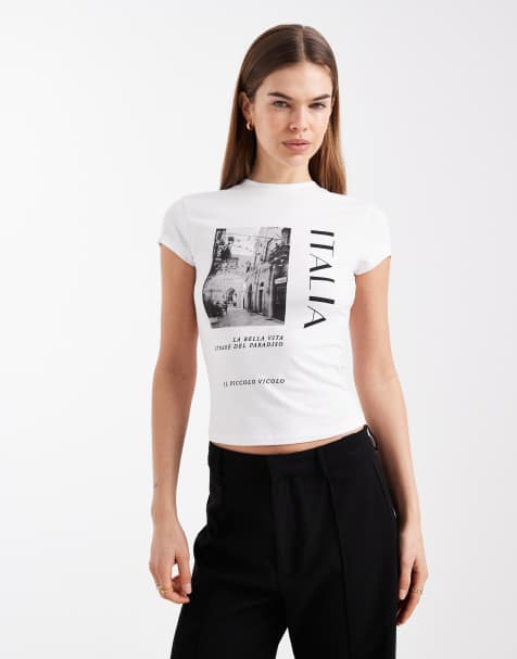 ASOS DESIGN short sleeve crop top with Italia graphic in cream