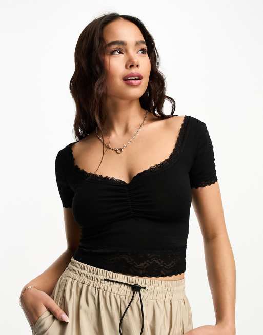 Black lace crop 2025 top short sleeve