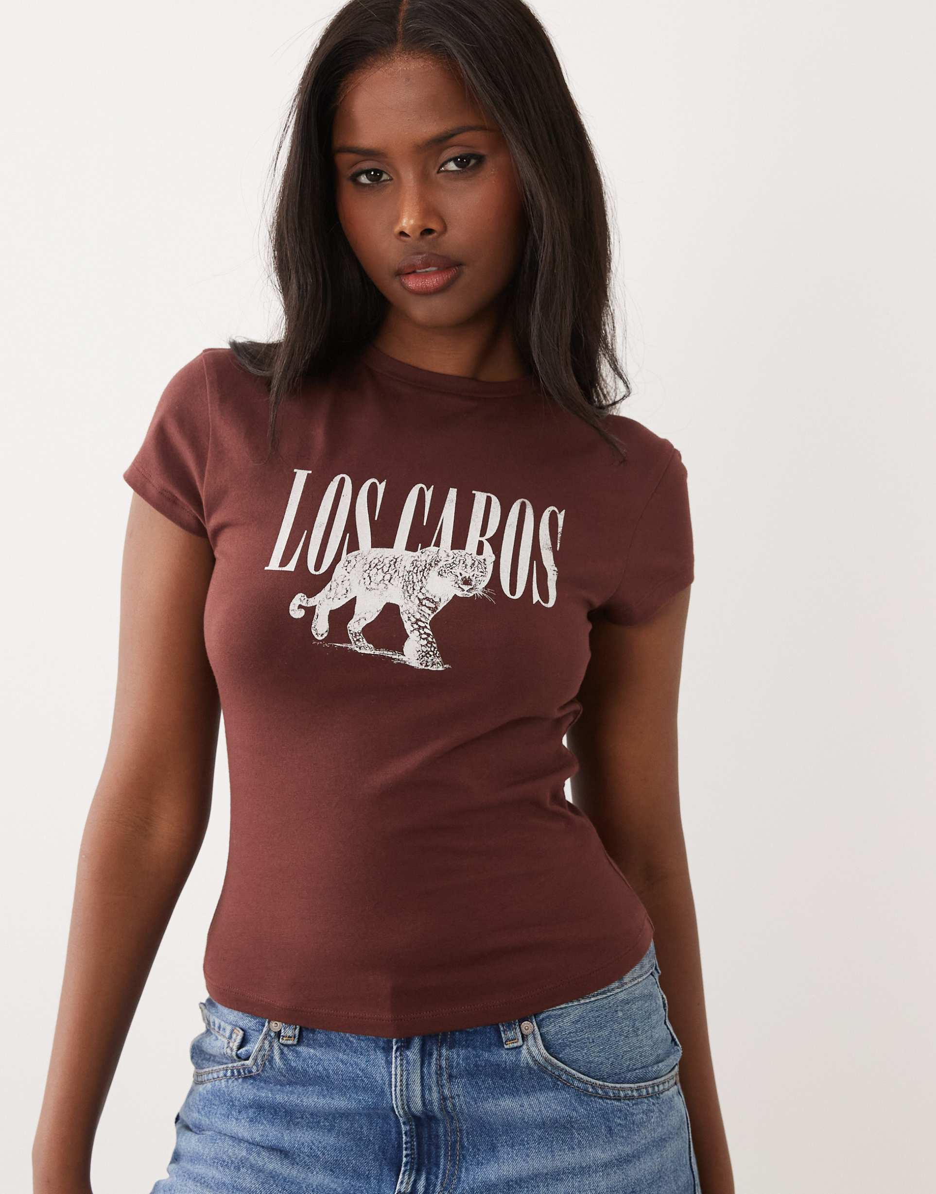 asos design short sleeve crop top with los cabos graphic in chocolate