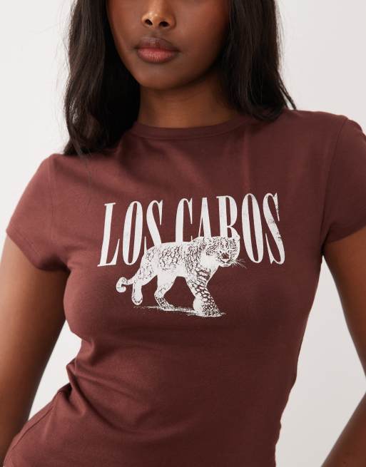 ASOS DESIGN short sleeve crop top with los cabos graphic in chocolate, 4 of 4