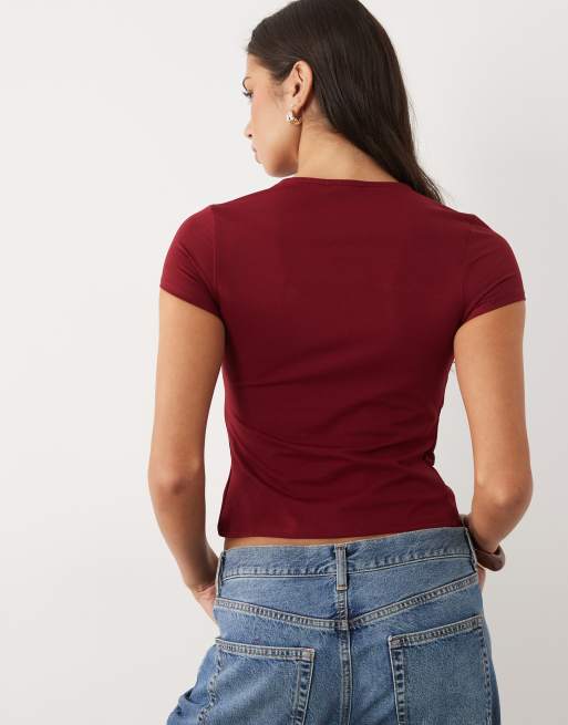 ASOS DESIGN short sleeve crop top with wire trim detail in wine, 4 of 4