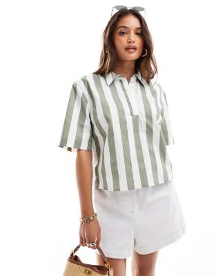 ASOS DESIGN short sleeve cropped shirt in khaki stripe-Multi