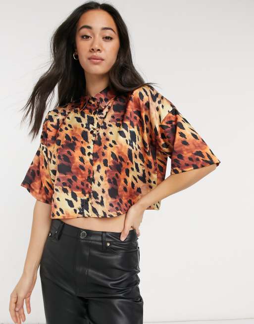 ASOS DESIGN short sleeve cropped shirt in leopard print