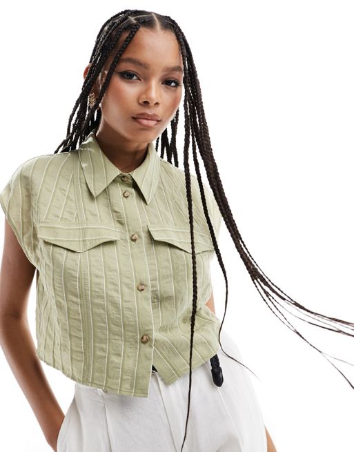  ASOS DESIGN short sleeve cropped shirt in textured green stripe