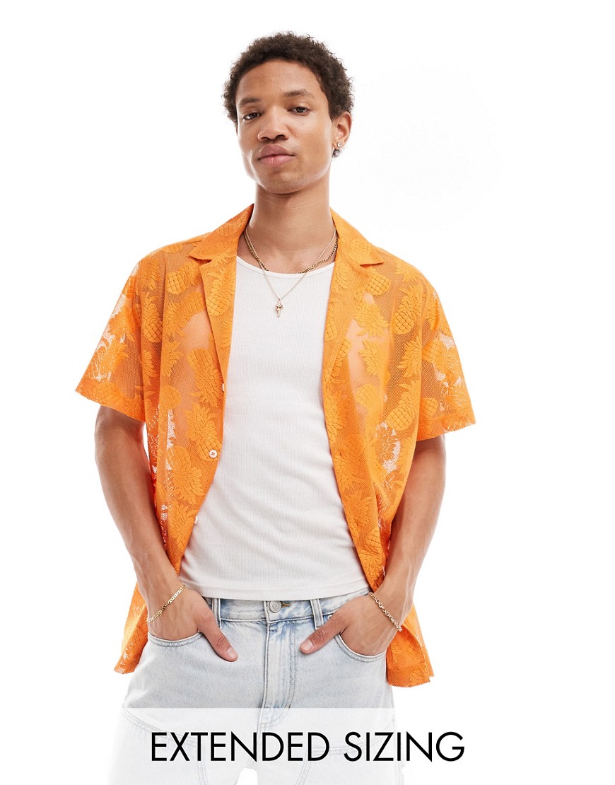 Asos Design Short Sleeve Deep Revere Collar Pineapple Lace Shirt In Orange