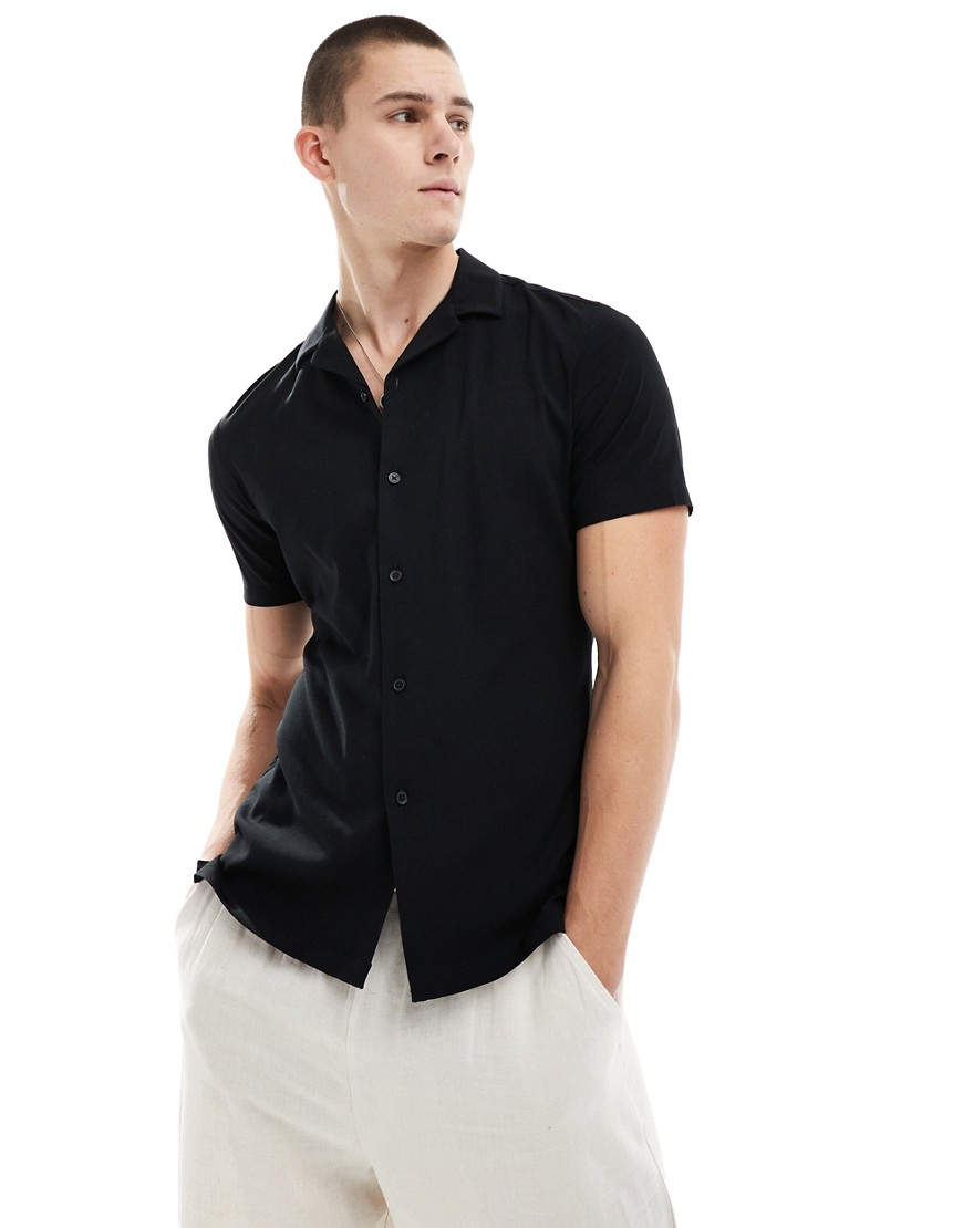 ASOS DESIGN short sleeve deep revere muscle viscose shirt in black