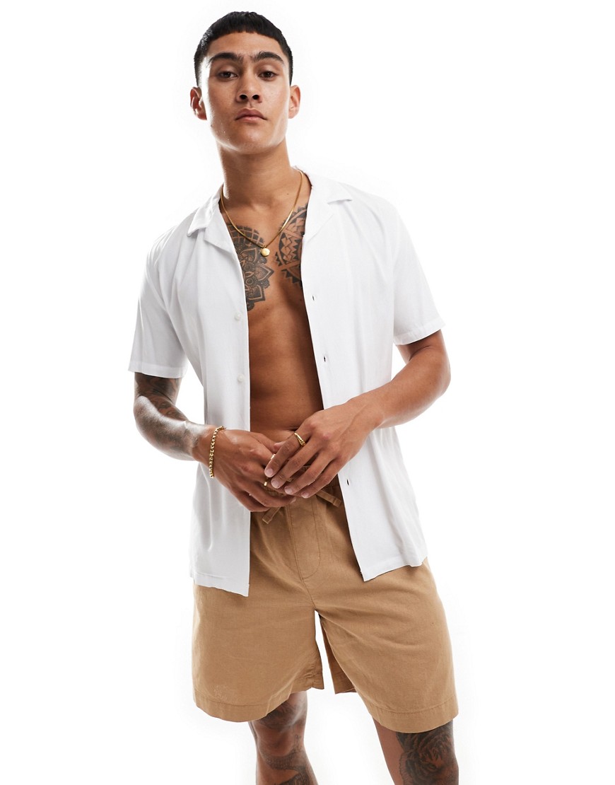 ASOS DESIGN short sleeve deep revere muscle viscose shirt in white