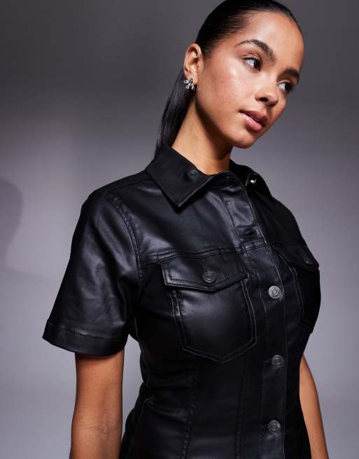 ASOS DESIGN short sleeve denim shirt dress in coated black