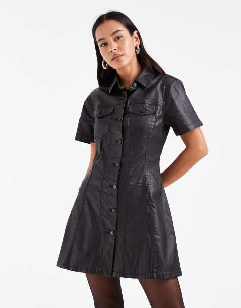 ASOS DESIGN short sleeve denim shirt dress in coated black - view 1