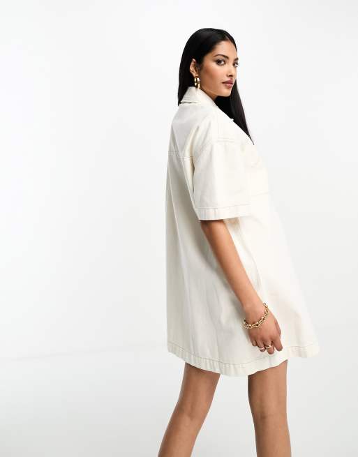 ASOS DESIGN denim oversized shirt dress in beige