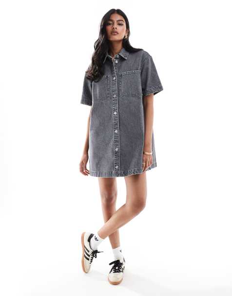 ASOS DESIGN short sleeve denim shirt dress in grey - view 1