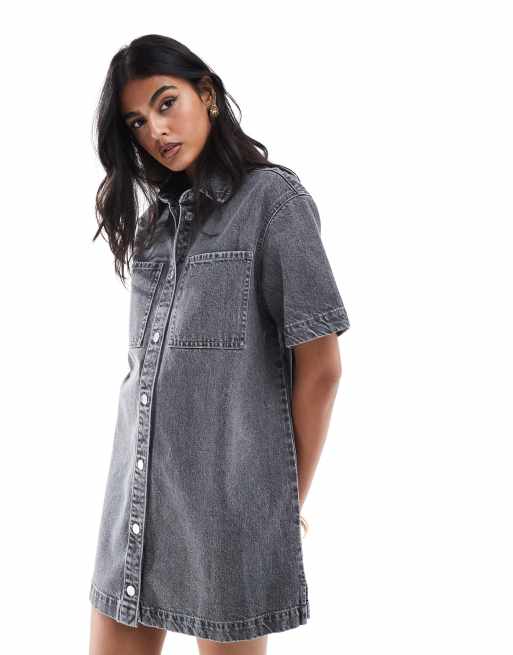 ASOS DESIGN short sleeve denim shirt dress in grey | ASOS
