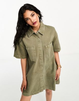 ASOS DESIGN short sleeve denim shirt dress in khaki - ASOS Price Checker