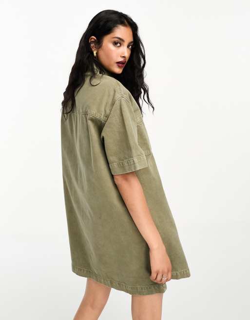 ASOS DESIGN denim oversized shirt dress in beige