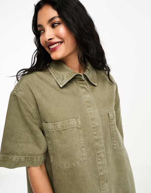 ASOS DESIGN denim oversized shirt dress in beige