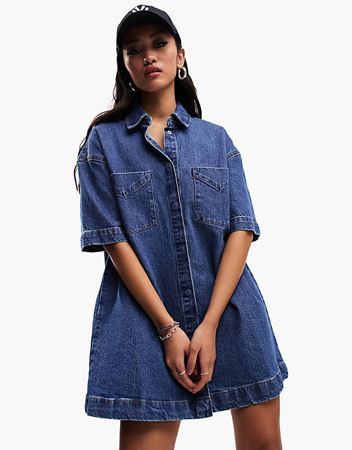 ASOS DESIGN short sleeve denim shirt dress in mid blue