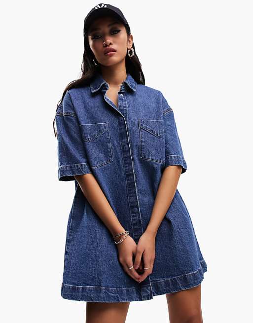 short sleeve denim dress for women Louisa - Medium Wash 5% elastomultiester ASOS DESIGN short sleeve denim