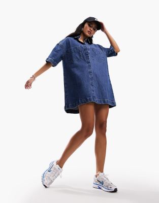 ASOS DESIGN short sleeve denim shirt dress in mid blue | ASOS