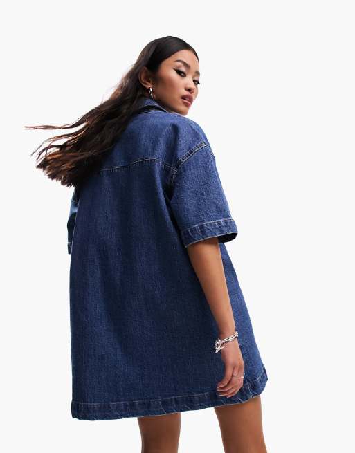 ASOS DESIGN short sleeve denim shirt dress in mid blue