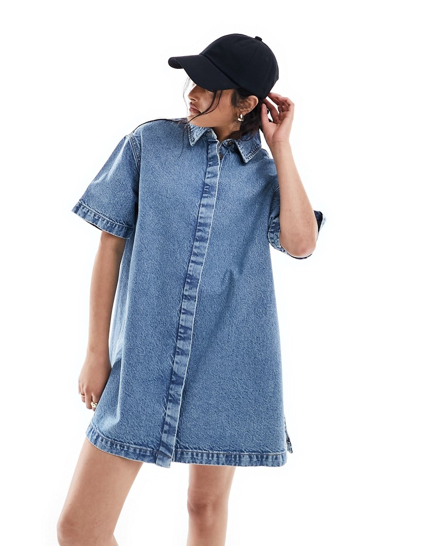 ASOS DESIGN short sleeve denim shirt dress in midwash blue