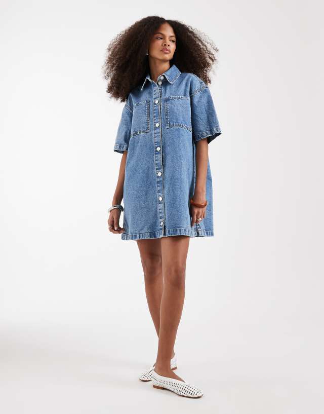 ASOS DESIGN short sleeve denim shirt dress in midwash blue | ASOS