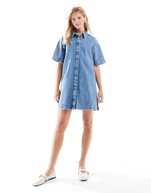 ASOS DESIGN short sleeve denim shirt dress in mid blue