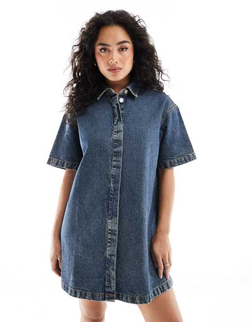 ASOS DESIGN short sleeve denim shirt dress in tint blue