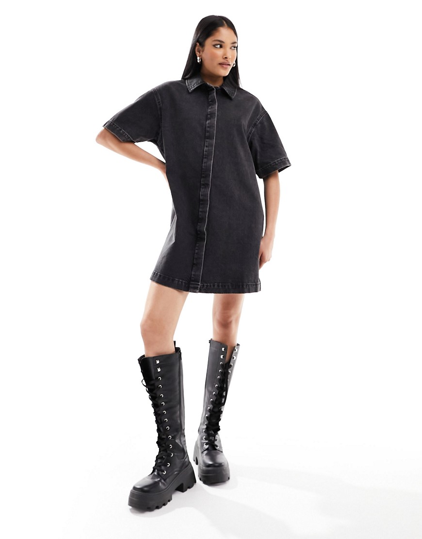 Asos Design Short Sleeve Denim Shirt Dress In Washed Black