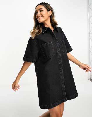 ASOS DESIGN SHORT SLEEVE DENIM SHIRT DRESS IN WASHED BLACK