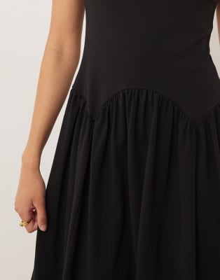 Asos Design Short Sleeve Dipped Waist Detail Midi Dress In Black